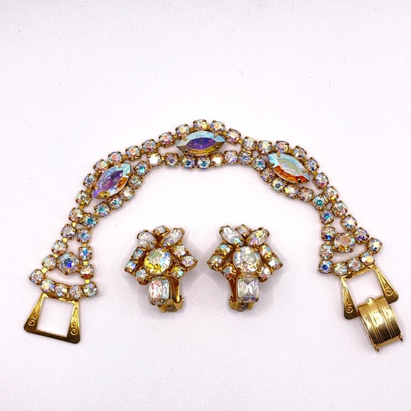 Vintage Unsigned AB Rhinestone Gold Tone Bracelet Clip Earrings Set - Picture 1 of 11